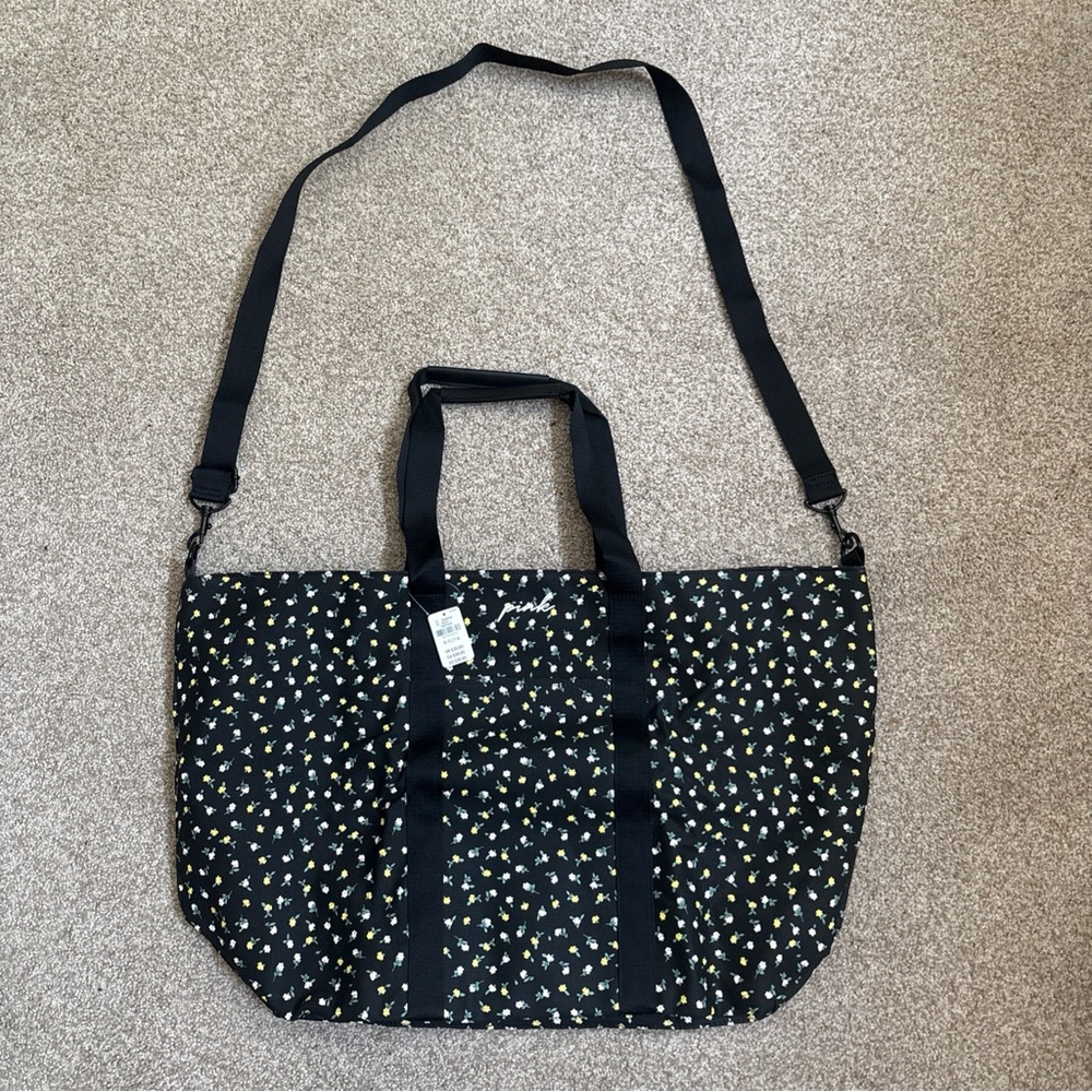 NWT PINK Victoria's Secret Black Floral Tote
